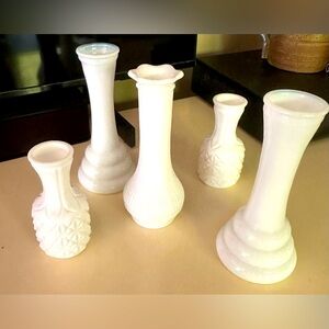Set of Vintage 1960s White Milk Glass Bud Vases Collection 5 Pieces MCM Eclectic